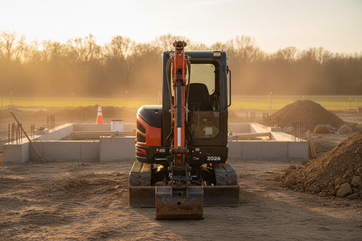 2026 Kioti Mini Excavator - Front Jobsite View